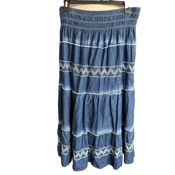 Indigo And Lace Peasant Tiered Skirt Denimlike Chambray XL Bohemian Boho - Picture 2 of 7